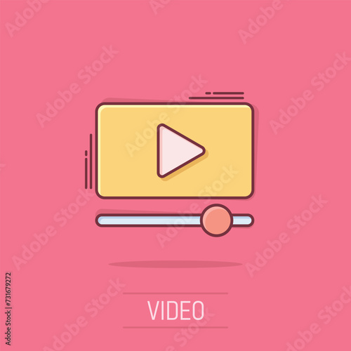 Film icon in comic style. Movie cartoon vector illustration on isolated background. Play video splash effect business concept.