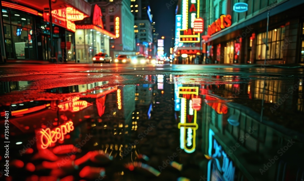 Night view of a street in the center of the city. neon signs reflected in the water. Shallow depth of field.