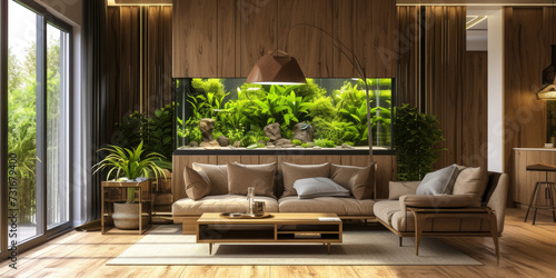 a design of modern living room with a aquatic aquarium and wooden furniture