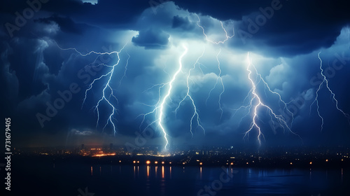 Roaring thunderstorm, shocking lightning shines in the dark sky