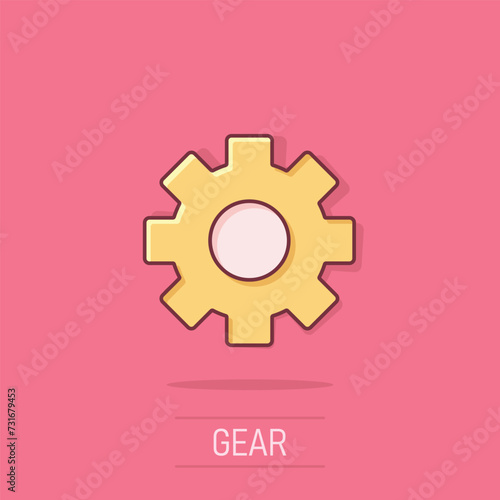 Gear vector icon in comic style. Cog wheel cartoon illustration on isolated background. Gearwheel cogwheel splash effect business concept.