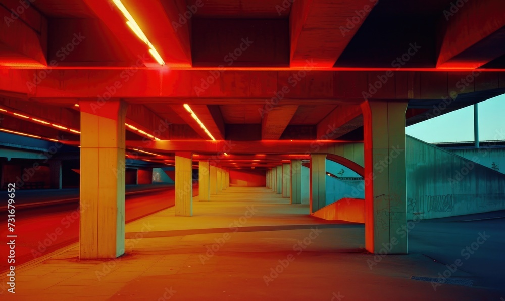 Underpass in the city at night, illuminated by red lights. Underpass in the city at night, illuminated by red lights.