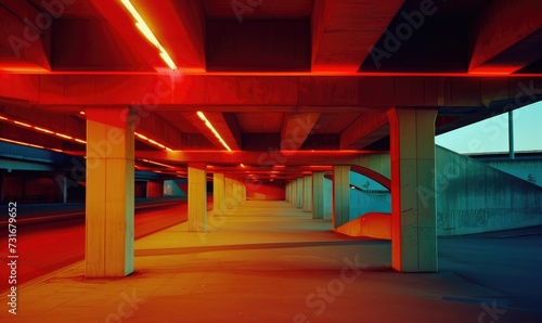Underpass in the city at night  illuminated by red lights.