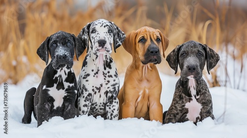 Four dogs are sitting in the snow and are staring at something