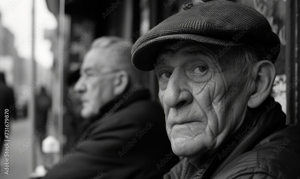 closeup portrait of old men in public transport