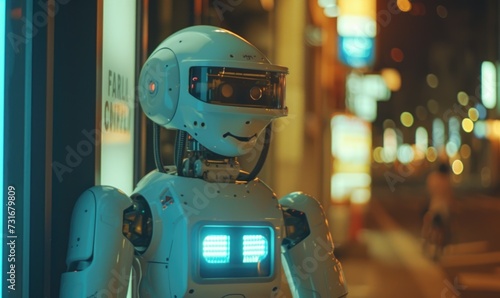 Cyborg robot in the city at night. Artificial intelligence concept.