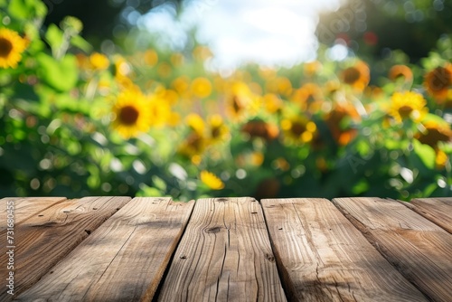 an empty wooden table on the background of a garden with blooming sunflowers. display your product outdoors.