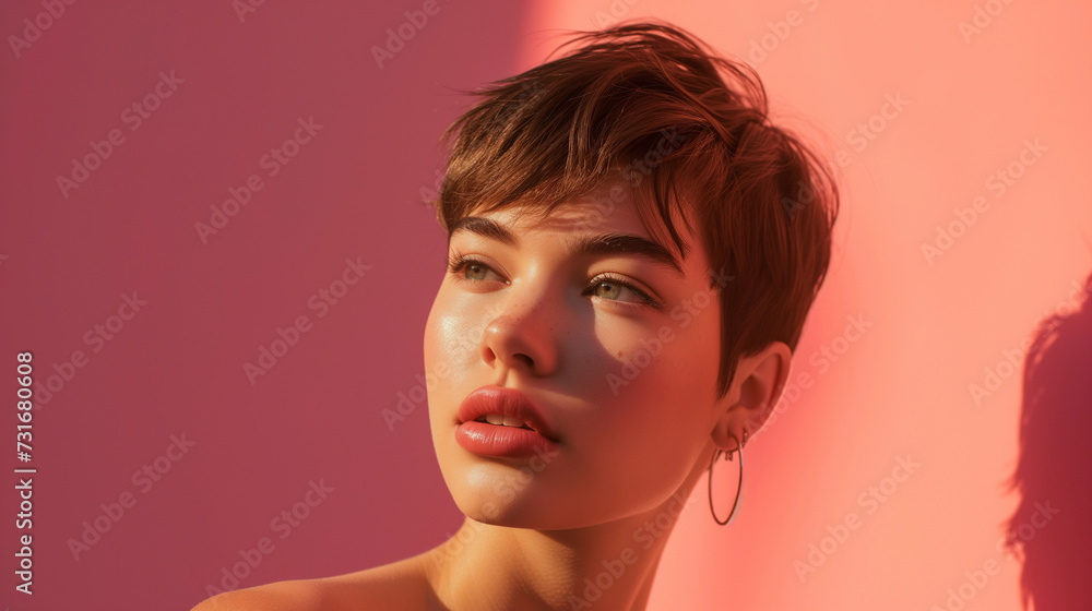 Beautifuil modern young teen woman with fresh glowing dewy skin and short brown pixie hairstyle for beauty campaign for skincare serum, make-up, products or treatments, indepentant Hipster Gen Z lady Beautifuil modern young teen woman with fresh glowing dewy skin and short brown pixie hairstyle for beauty campaign for skincare serum, make-up, products or treatments, indepentant Hipster Gen Z lady