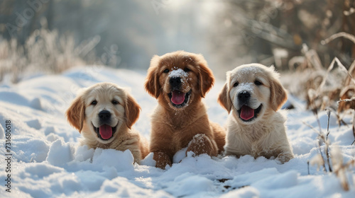 four dogs sit in snow looking up at the camera with their tongues open photo