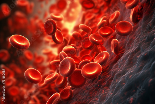 ?lose-up view of red blood cells erythrocytes, as they travel through the bloodstream, biconcave disc shape in a vibrant red hue.