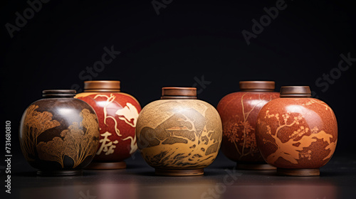 Exquisite collection of traditional ceramic pots with intricate designs on a dark background
