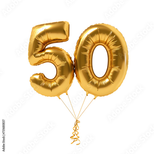 Golden number fifty metallic golden balloon isolated on white background. Party decoration golden balloons. Anniversary sign for happy birthday