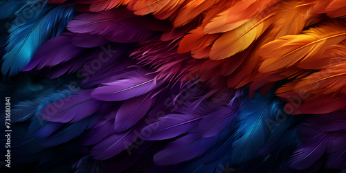 Blue, purple and orange feathers backdrop. Luxurious fibers, dark orange and light cyan background, color realistic photography. © Kalsoom