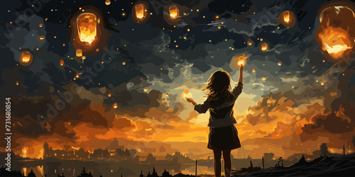 A young girl standing during the day reaching out to grab a star in the night dimension, digital art style, illustration painting