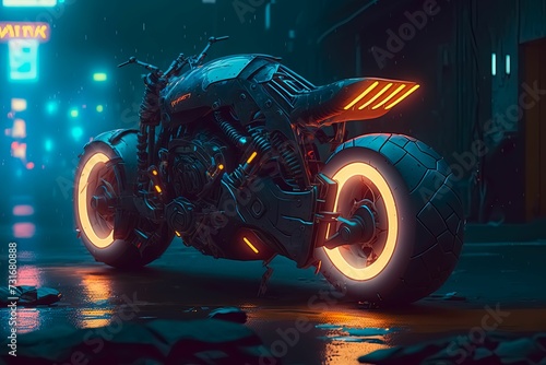AI generated illustration of a futuristic motorcycle design with smooth wheels and glowing details