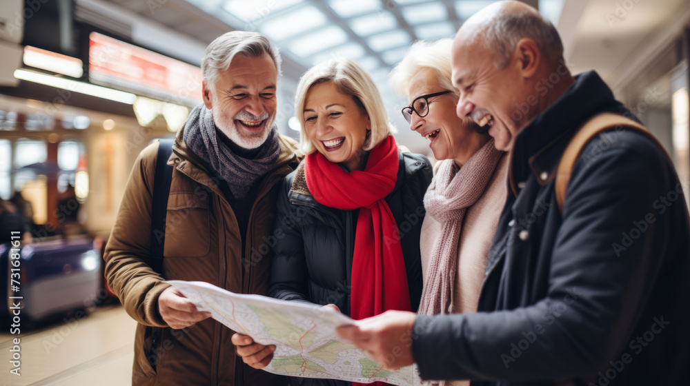 Group of joyful senior friends laughing and sharing a map at the train station