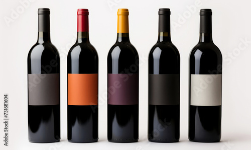 Assorted wine bottles with blank labels on white background