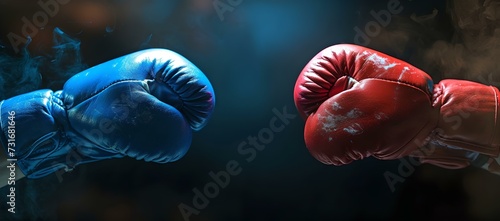 Red and blue boxing gloves face off in dramatic lighting. symbol of competition and challenge. perfect for sports themes. AI © Irina Ukrainets