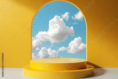 3d render, abstract background with blue sky inside the window on the yellow wall. White clouds fly inside the room with vacant podium. Blank showcase, Generative AI