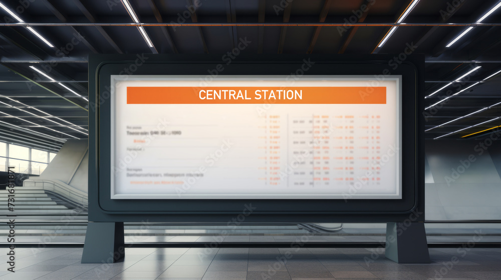 Modern train schedule display at a central station with a blurred background Modern train schedule display at a central station with a blurred background
