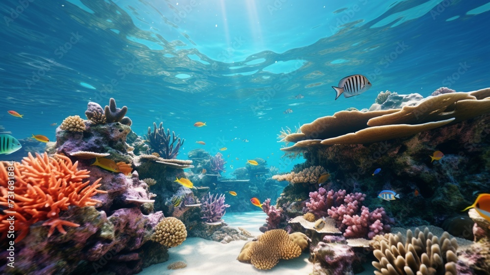 Obraz premium Underwater colorful fish with coral reef wallpaper AI generated picture