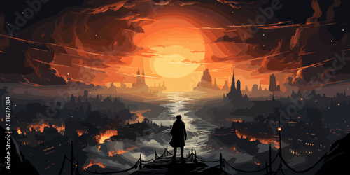 man floating in the sky and destroys the city with evil power, digital art style, illustration painting