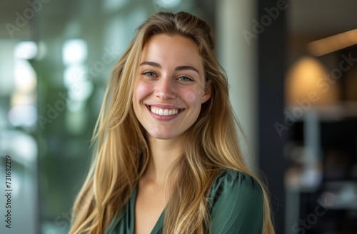 Happy young woman in a corporate office, people laughing image photo