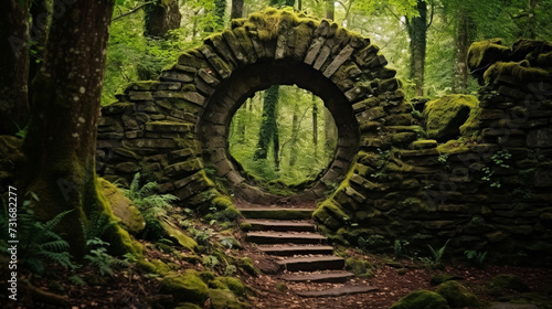 Enchanting stone archway with steps in a lush green forest