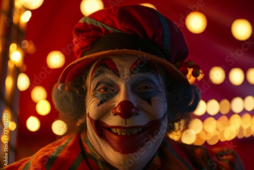 Happy clown smiling inside the colorful circus tent, magic tricks picture