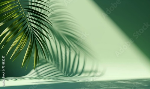3d render  simple abstract green background illuminated with bright sunlight  with palm leaf shadow. Modern minimal showcase scene for product  Generative AI