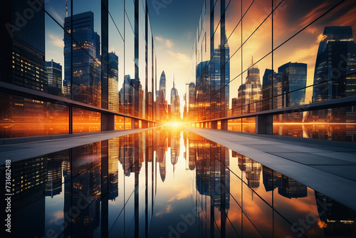 Modern cityscape reflection with sunset glow in urban skyline