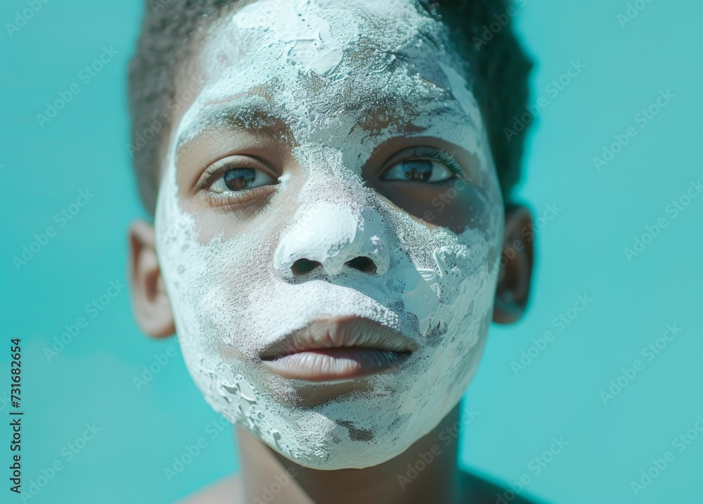 Young boy with dander on face, food prank picture Young boy with dander on face, food prank picture