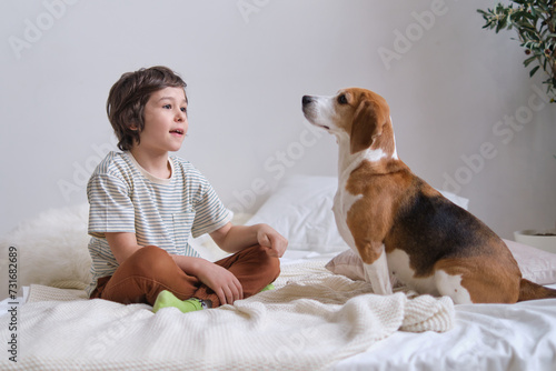 The playful interaction between a child and his pet captures the essence of friendship, a dog s loyalty mirroring the innocence of youth.