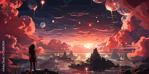 surreal scenery showing the girl looking at mysterious things on clouds, digital art style, illustration painting