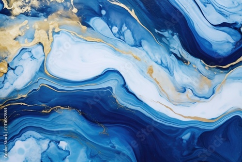 Oceaninspired luxury art  Swirling marble and golden blue paint. photo