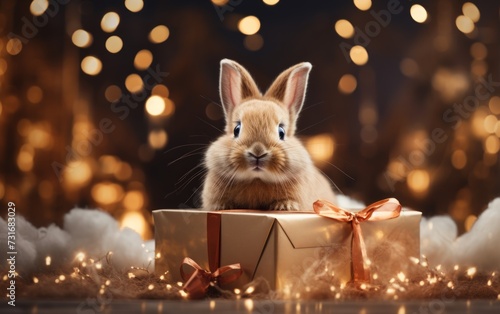 Rabbit sitting on red gift box in front of lights, pet pranks picture photo