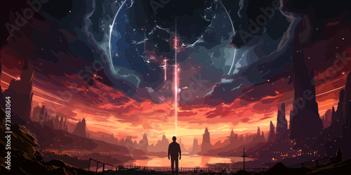 futuristic man standing and looking at the sky with a strange beam of light., digital art style, illustration painting