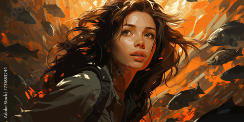 young woman diving with a school of fish in the sea, digital art style, illustration painting