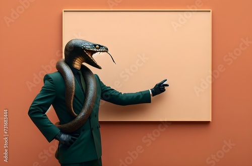 Snake  Masked  Figure in  Darkgreen  Suit  Drawing  Attention -  Museum with  Terracotta  Background