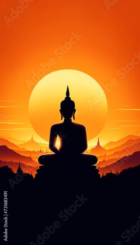 Flat style illustration for makha bucha day with a silhouette of a seated buddha in meditation.