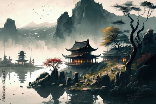 AI generated illustration of ancient Asian-style buildings situated near a lake