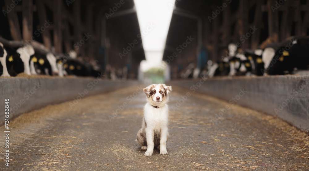 australian shepherd puppy dog sitting in the middle of a cattle ranch surrounded by holstein cows