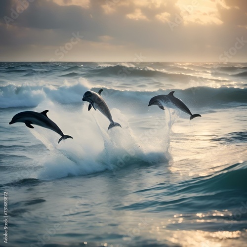 AI generated illustration of Three majestic dolphins jumping out of the glittering ocean waters