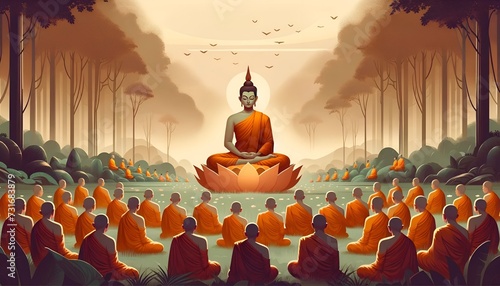 Illustration for magha puja day with serene scene of buddhist monks in orange robes seated in meditation.