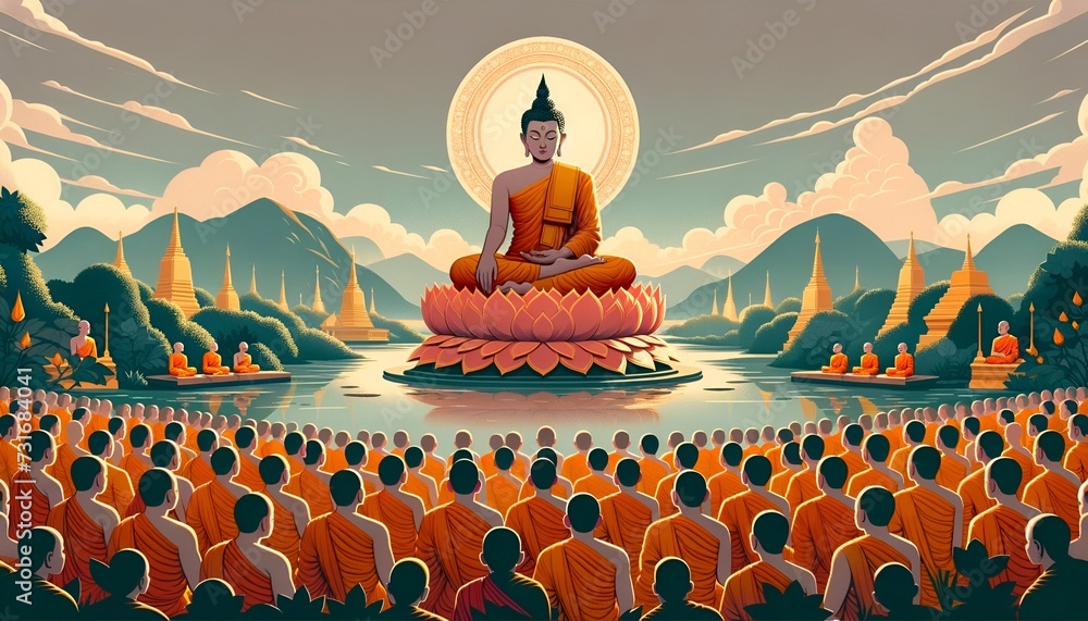 Illustration for magha puja day with buddha sitting on a lotus flower and buddhist monks in orange robes. - obrazy, fototapety, plakaty 