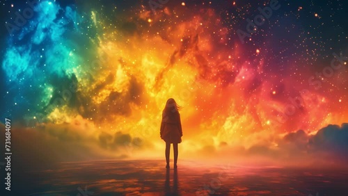 虹色の夜空を見る女性のシルエット,Generative AI  photo