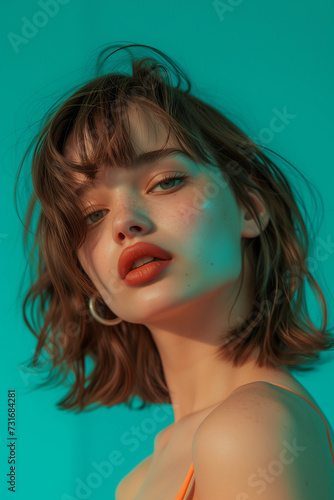 Beauty portrait of an early 20s woman with brunette wavy stylish hair, full plump lips and dew skin, vibrant bold beauty skin hair serum campaign on blue wall with rebellious sensual urban trendy girl
