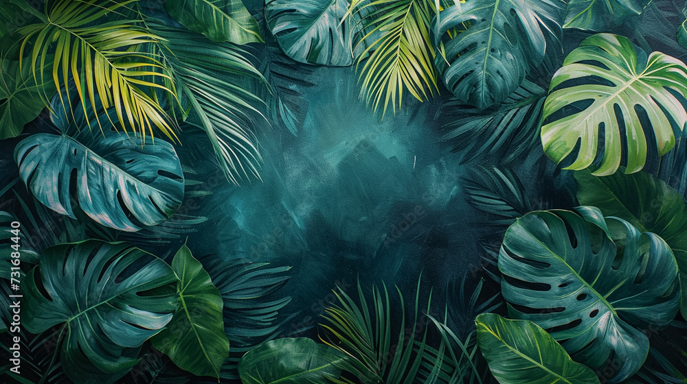 Tropical leaves, background with a copy of the space. Vector image, hand-painted watercolor tropical pattern. Tropical leaves, background with a copy of the space. Vector image, hand-painted watercolor tropical pattern.