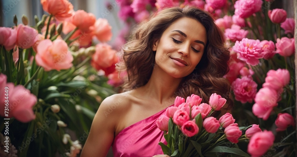 Happy woman in bright pink dress smells the bouquet of spring flowers she holds in her hand. International Women's Day. Happy woman in bright pink dress smells the bouquet of spring flowers she holds in her hand. International Women's Day.