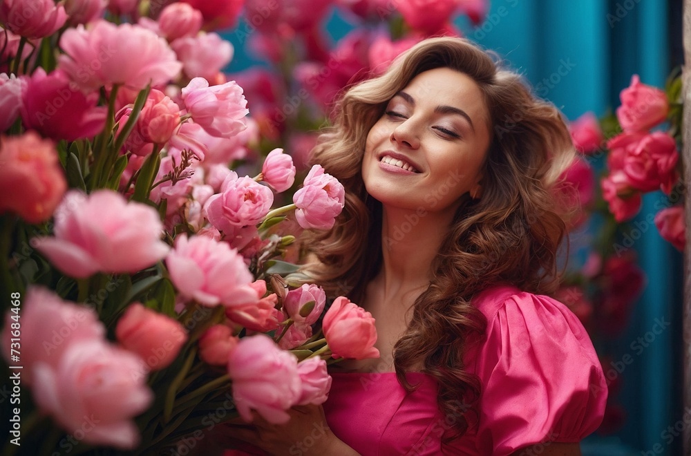 Happy woman in bright pink dress smells the bouquet of spring flowers she holds in her hand. International Women's Day. Happy woman in bright pink dress smells the bouquet of spring flowers she holds in her hand. International Women's Day.